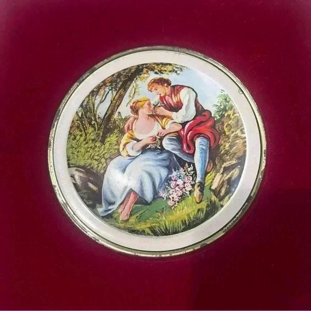 Vintage Western Germany Ornate Sweetheart Lovers Velvet Tin Box Container silver